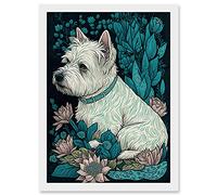 Artery8 West Highland White Terrier Sitting in Flower Field Modern Dark Illustration Artwork Framed A3 Wall Art Print
