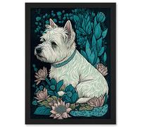 Artery8 West Highland White Terrier Sitting in Flower Field Modern Dark Illustration Artwork Framed Wall Art Print A4 in Black Artery8 Black