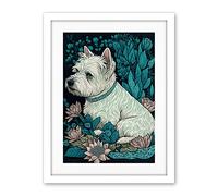 Artery8 West Highland White Terrier Sitting in Flower Field Modern Dark Illustration Artwork Framed Wall Art Print 18X24 Inch