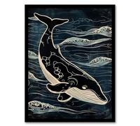 Artery8 Whale and Ocean Waves Pattern Woodcut Painting For Living Room Artwork Framed Wall Art Print 18X24 Inch