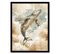 Wall Art Print Whale Cloud Jumping Swimming Blue Tan Watercolour Art Framed Poster Artery8 Black A4