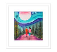 Artery8 Which Way Now Watercolour Lovers Full Moon Nature Walk Landscape Square Wooden Framed Wall Art Print Picture 8X8 Inch in White Artery8 White