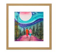 Artery8 Which Way Now Watercolour Lovers Full Moon Nature Walk Landscape Square Wooden Framed Wall Art Print Picture 8X8 Inch in Light Oak Artery8 Light Oak