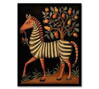Artery8 Whimsical Zebra Posing by Fruit Tree Orange Grey Green Medieval Bestiary Style Surreal Oil Painting Artwork Framed Wall Art Print A4