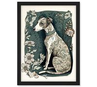 Artery8 Whippet Dog with Floral Pattern Fur Coat Art Nouveau Inspired Watercolour Illustration Artwork Framed A3 Wall Art Print
