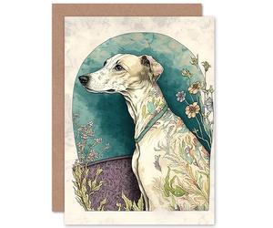 Artery8 Whippet Dog with Flowers Modern Multicoloured Watercolour Illustration Art Birthday Sealed Greeting Card Plus Envelope Blank inside