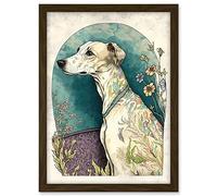 Artery8 Whippet Dog with Flowers Modern Multicoloured Watercolour Illustration Artwork Framed A3 Wall Art Print