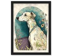 Artery8 Whippet Dog with Flowers Modern Multicoloured Watercolour Illustration Artwork Framed A3 Wall Art Print