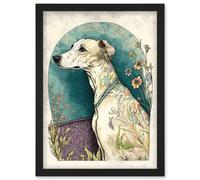 Artery8 Whippet Dog With Flowers Modern Multicoloured Watercolour Illustration Wall Art Print - A4 Size