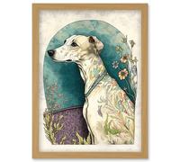 Artery8 Whippet Dog with Flowers Modern Multicoloured Watercolour Illustration Artwork Framed Wall Art Print A4 in Light Oak Artery8 Light Oak