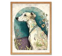 Artery8 Whippet Dog with Flowers Modern Multicoloured Watercolour Illustration Artwork Framed Wall Art Print 9X7 Inch