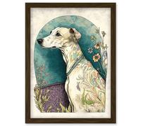 Artery8 Whippet Dog with Flowers Modern Multicoloured Watercolour Illustration Artwork Framed Wall Art Print A4 in Brown Artery8 Brown