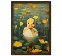 Wall Art Print Whirlpool Duckling Lily Pads and Flowers Kids Bedroom Nursery Artwork Framed A4 Artery8 Brown A4