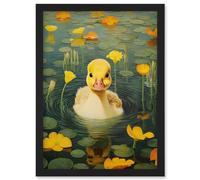 Artery8 Wall Art Print Whirlpool Duckling Lily Pads & Flowers Kids Bedroom Nursery Artwork Framed A4 in Black Artery8 Black A4