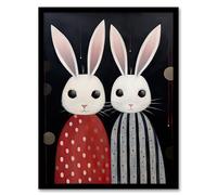 Artery8 White Bunny Rabbits in Dresses Oil Painting Red Black Polka Dot Stripes Kids Bedroom Artwork Artwork Framed Wall Art Print 18X24 Inch