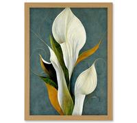Artery8 White Calla Lily Bouquet Flowers In Blue Background Realism Artwork Framed Wall Art Print A4 in Light Oak Artery8 Light Oak