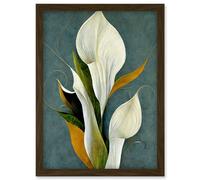 Artery8 White Calla Lily Bouquet Flowers In Blue Background Realism Artwork Framed Wall Art Print A4 in Brown Artery8 Brown