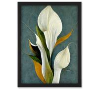 Artery8 White Calla Lily Bouquet Flowers In Blue Background Realism Artwork Framed Wall Art Print A4 in Black Artery8 Black