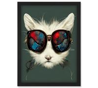 Doppelganger33 LTD White Cat Head With Aviator Sunglasses Painting Artwork Framed Wall Art Print A4