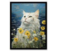 Artery8 White Cat In The Wildflowers Floral Meadow Oil Painting Norwegian Forest Cat Artwork Framed Wall Art Print A4