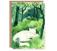 Artery8 White Cat Lover Forest Nap Watercolour Landscape Blank For Him Or Her Art Birthday Card