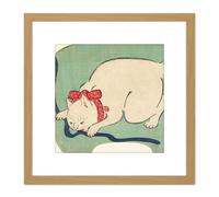 Artery8 White Cat Playing String 1863 Utagawa Hiroshige 8X8 Inch Square Wooden Framed Wall Art Print Picture with Mount in Light Oak Artery8 Light Oak