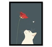 Artery8 White Cat with Rose Butterfly Artwork Simple Cute Framed Art Print in Grey | Size: W12" x H16" Artery8 Grey W12" x H16"