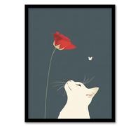 Artery8 White Cat with Rose Butterfly Artwork Simple Cute Living Room Artwork Framed Wall Art Print 18X24 Inch
