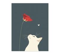 Artery8 White Cat with Rose Butterfly Artwork Simple Cute Living Room Extra Large XL Wall Art Poster Print