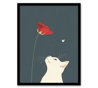 White Cat with Rose Butterfly Artwork Simple Cute Framed Art Print Artery8 Grey A4