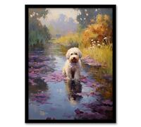 Artery8 White Cockapoo Dog And Purple Water Irises Claude Monet Style Oil Painting Artwork Framed Wall Art Print A4
