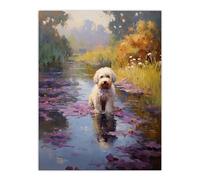 Artery8 White Cockapoo Dog And Purple Water Irises Claude Monet Style Oil Painting Extra Large XL Wall Art Poster Print