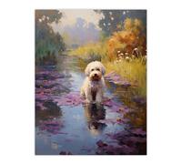 White Cockapoo Dog And Purple Water Irises Claude Monet Style Oil Painting Extra Large XL Unframed Wall Art Poster Print Artery8 Multi W24 inch x H32 inch