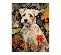 Artery8 White Cream Border Terrier On Elegant Floral Backdrop William Morris Style Jungle Flowers Artwork Unframed Wall Art Print Poster Home Decor Artery8 Multicolor W12" x H16"