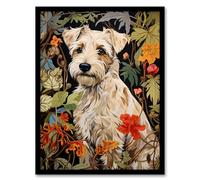 Artery8 White Cream Border Terrier On Elegant Floral Backdrop William Morris Style Jungle Flowers Artwork Framed Wall Art Print A4