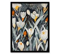 Artery8 White Crocus Flower Garden Artwork Dark Floral Living Room Artwork Framed Wall Art Print A4