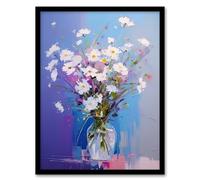 Artery8 White Daisy Bouquet in Glass Vase Abstract Oil Painting Pastel Colour Purple Blue Wildflower Blooms Artwork Framed Wall Art Print A4