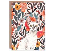 Artery8 White Devon Rex Cat Lover Floral Pet Portrait For Her Woman Birthday Card