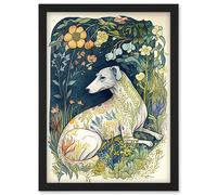 Artery8 White Greyhound Dog with Floral Pattern Fur Coat lying in Flower Field Modern Illustration Artwork Framed Wall Art Print A4 in Black Artery8 Black