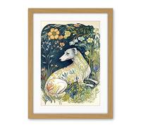Artery8 White Greyhound Dog with Floral Pattern Fur Coat lying in Flower Field Modern Illustration Artwork Framed Wall Art Print 18X24 Inch