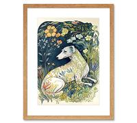 Artery8 White Greyhound Dog with Floral Pattern Fur Coat lying in Flower Field Modern Illustration Artwork Framed Wall Art Print 12X16 Inch