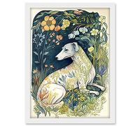 Artery8 White Greyhound Dog with Floral Pattern Fur Coat lying in Flower Field Modern Illustration Artwork Framed A3 Wall Art Print