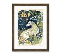 Artery8 White Greyhound Dog with Floral Pattern Fur Coat lying in Flower Field Modern Illustration Artwork Framed Wall Art Print 18X24 Inch