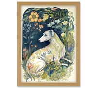 Artery8 White Greyhound Dog with Floral Pattern Fur Coat lying in Flower Field Modern Illustration Artwork Framed Wall Art Print A4 in Light Oak Artery8 Light Oak