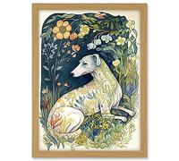 Artery8 White Greyhound Dog with Floral Pattern Fur Coat lying in Flower Field Modern Illustration Artwork Framed A3 Wall Art Print