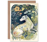Artery8 White Greyhound Dog with Floral Pattern Fur Coat lying in Flower Field Modern Illustration Art Birthday Sealed Greeting Card Plus Envelope Blank inside