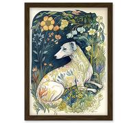Artery8 White Greyhound Dog with Floral Pattern Fur Coat lying in Flower Field Modern Illustration Artwork Framed Wall Art Print A4 in Brown Artery8 Brown