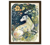 Artery8 White Greyhound Dog with Floral Pattern Fur Coat lying in Flower Field Modern Illustration Artwork Framed A3 Wall Art Print