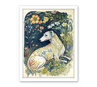Artery8 White Greyhound Dog with Floral Pattern Fur Coat lying in Flower Field Modern Illustration Artwork Framed Wall Art Print 18X24 Inch