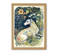 Artery8 White Greyhound Dog with Floral Pattern Fur Coat lying in Flower Field Modern Illustration Artwork Framed Wall Art Print 18X24 Inch